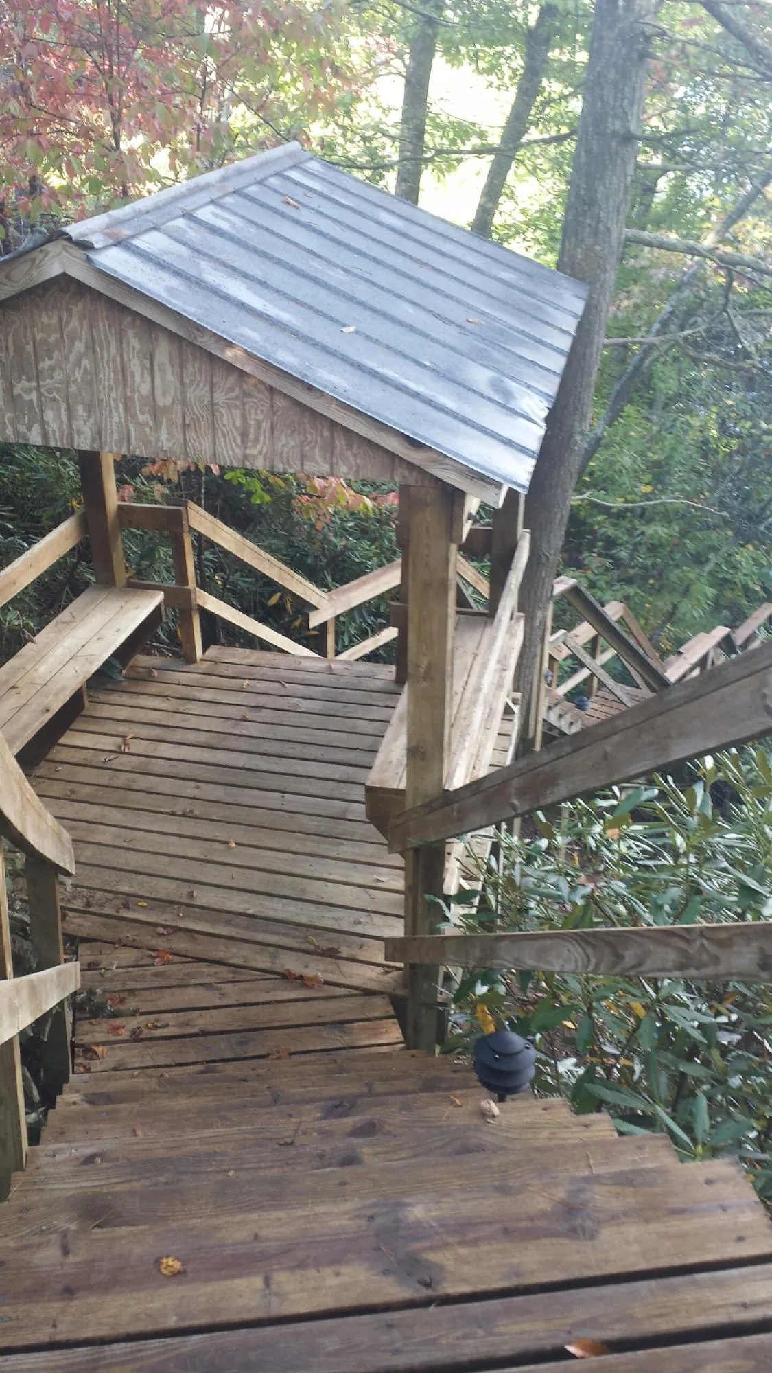 Metal roofed shelter over wooden steps on a wooded walkway — Skylight Repair & Installation work by our crew in Cape May Point